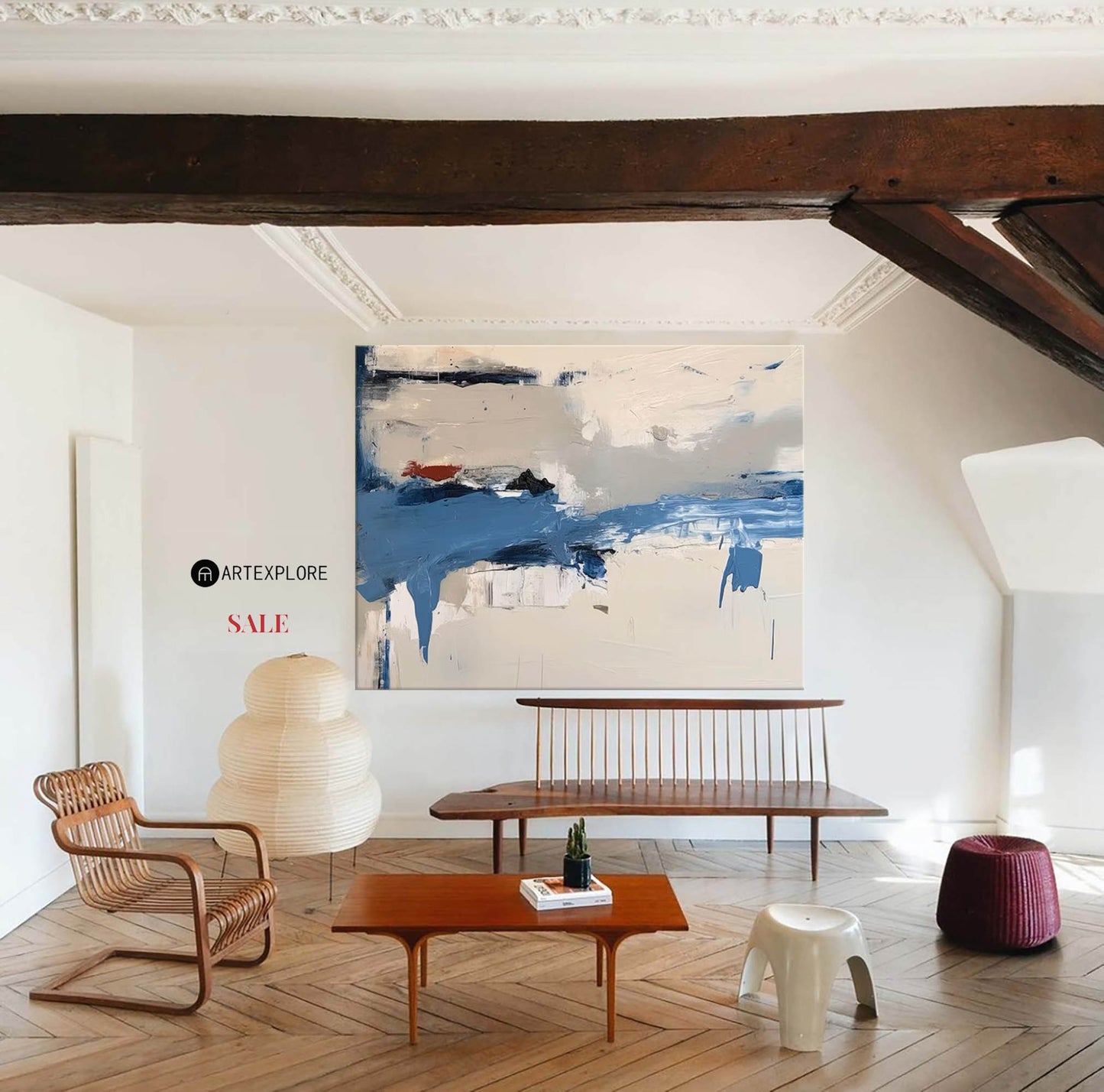 Contemporary Blue and White Abstract Oil Painting for Modern Home Décor