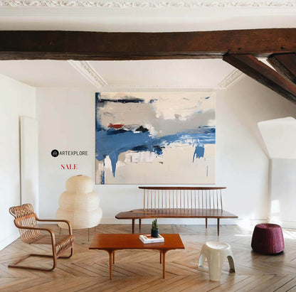 Contemporary Blue and White Abstract Oil Painting for Modern Home Décor