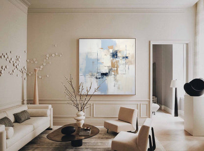 Serene Abstract Oil Painting with Soft Blue and Neutral Tones for Modern Decor