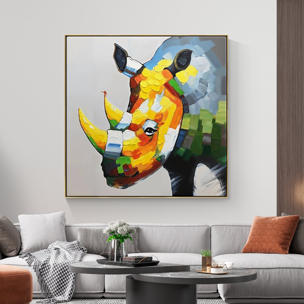 Vibrant Rhino Portrait - Colorful Oil Painting for Modern Home Decor