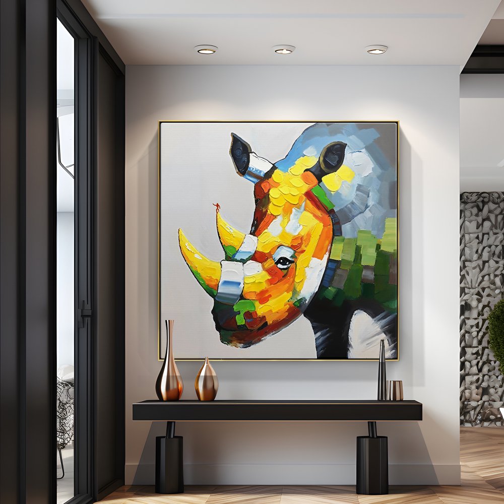 Vibrant Rhino Portrait - Colorful Oil Painting for Modern Home Decor