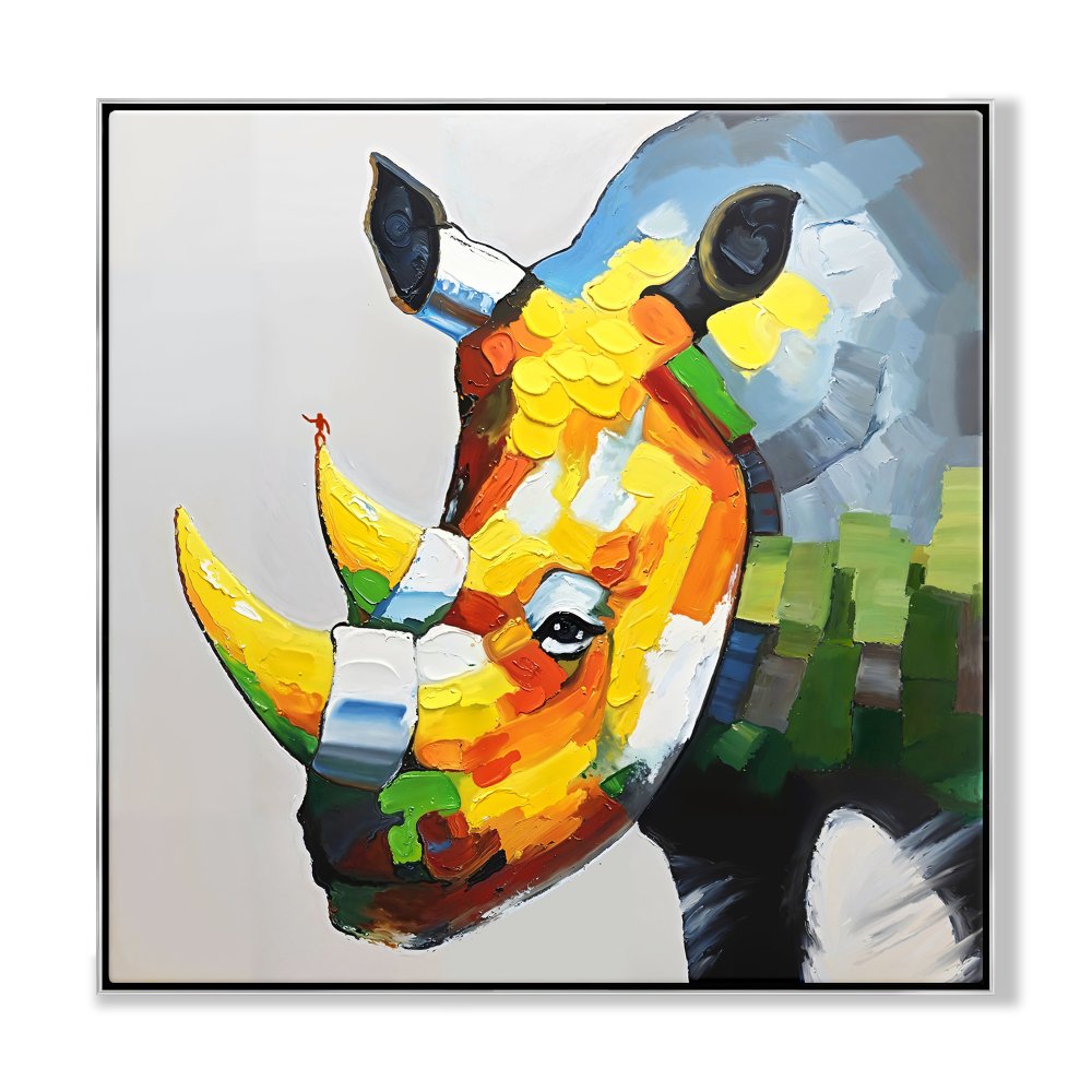 Vibrant Rhino Portrait - Colorful Oil Painting for Modern Home Decor