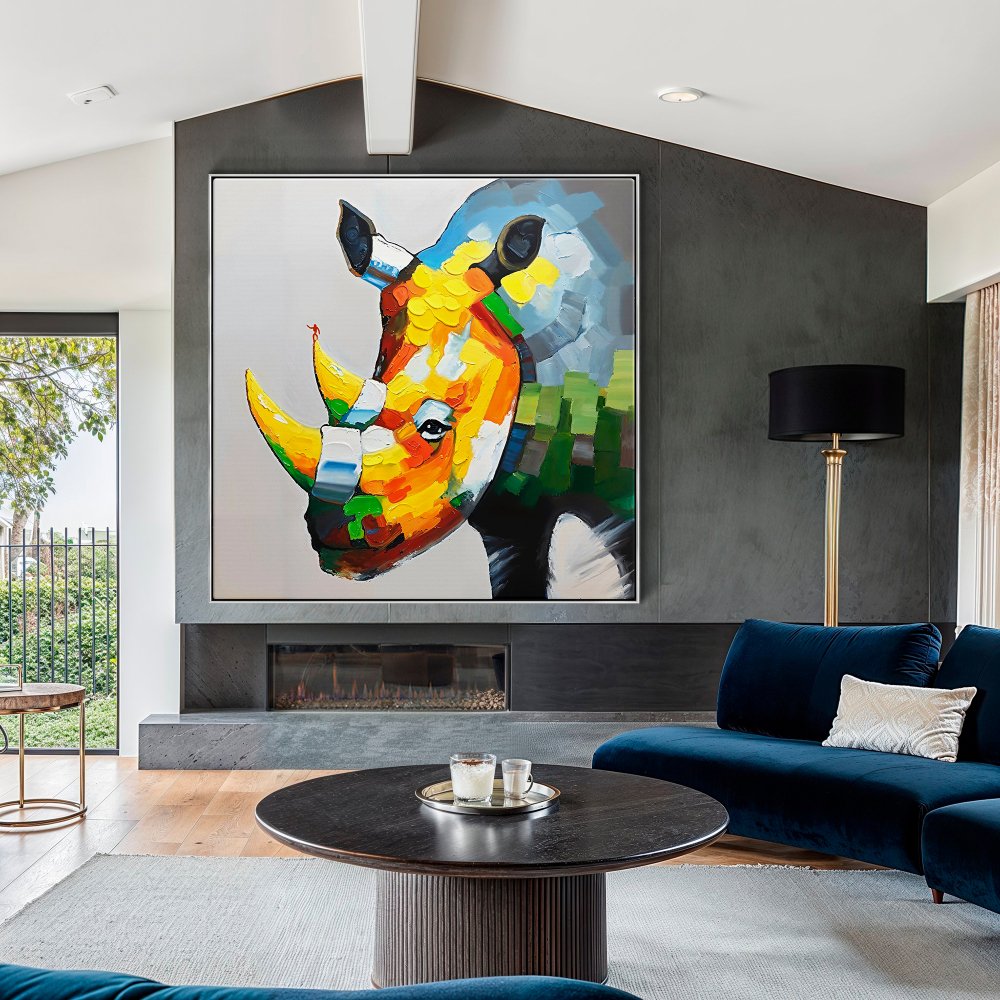 Vibrant Rhino Portrait - Colorful Oil Painting for Modern Home Decor