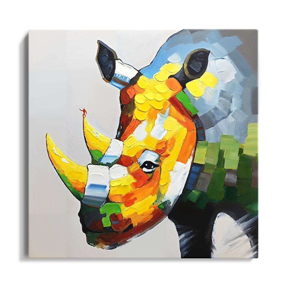 Vibrant Rhino Portrait - Colorful Oil Painting for Modern Home Decor