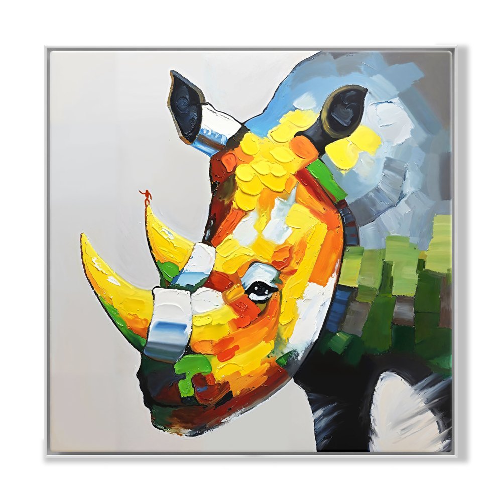 Vibrant Rhino Portrait - Colorful Oil Painting for Modern Home Decor