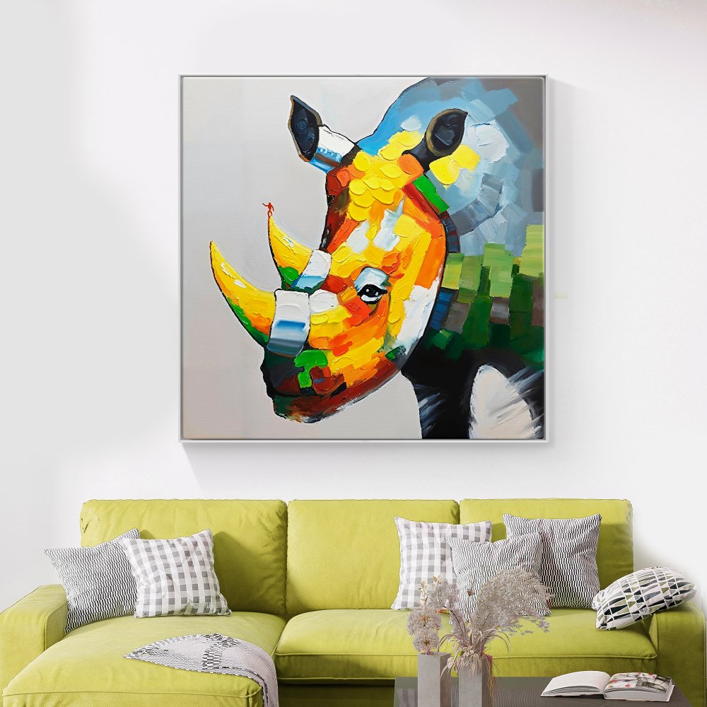 Vibrant Rhino Portrait - Colorful Oil Painting for Modern Home Decor