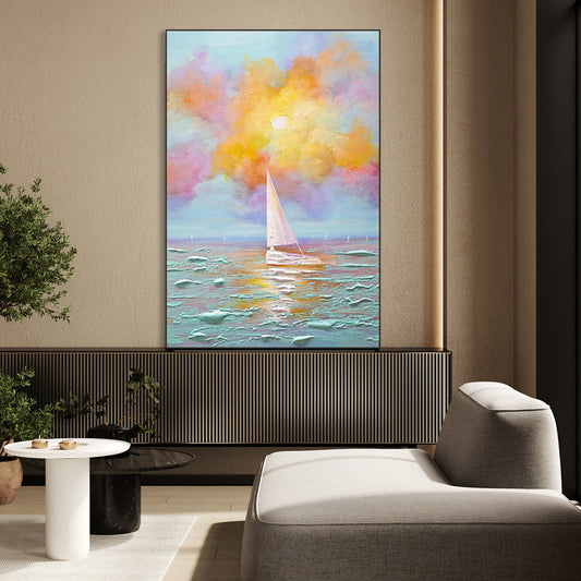 Serene Sailing: Vibrant Ocean Sunset Oil Painting for Coastal Home Decor