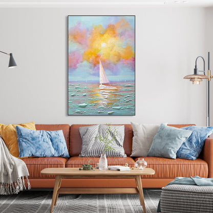 Serene Sailing: Vibrant Ocean Sunset Oil Painting for Coastal Home Decor