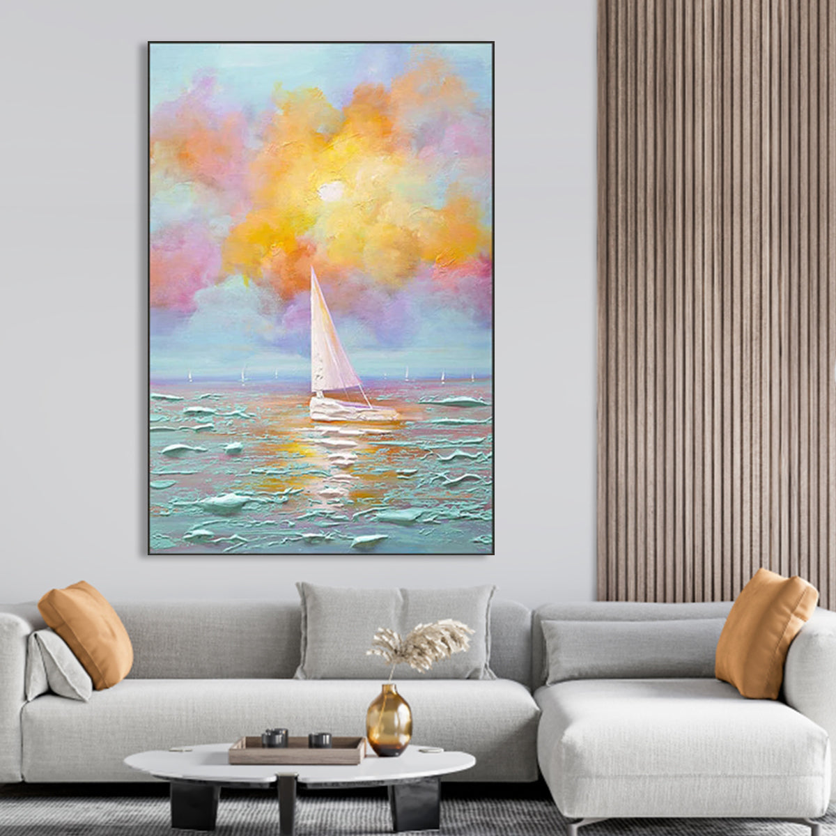 Serene Sailing: Vibrant Ocean Sunset Oil Painting for Coastal Home Decor