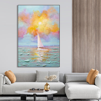 Serene Sailing: Vibrant Ocean Sunset Oil Painting for Coastal Home Decor