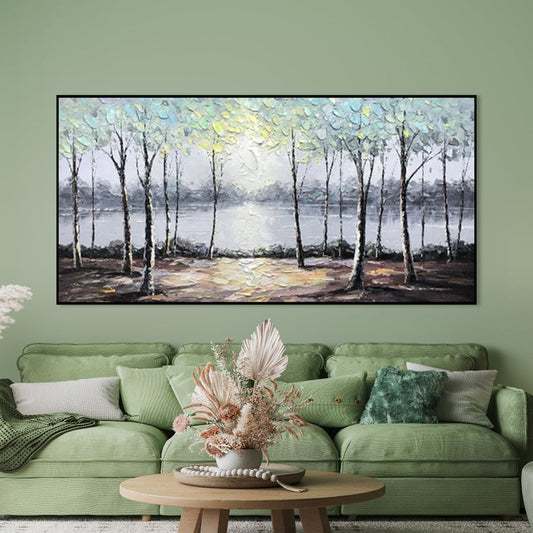Serene Landscape with Birch Trees and Reflections - Nature Oil Painting Art
