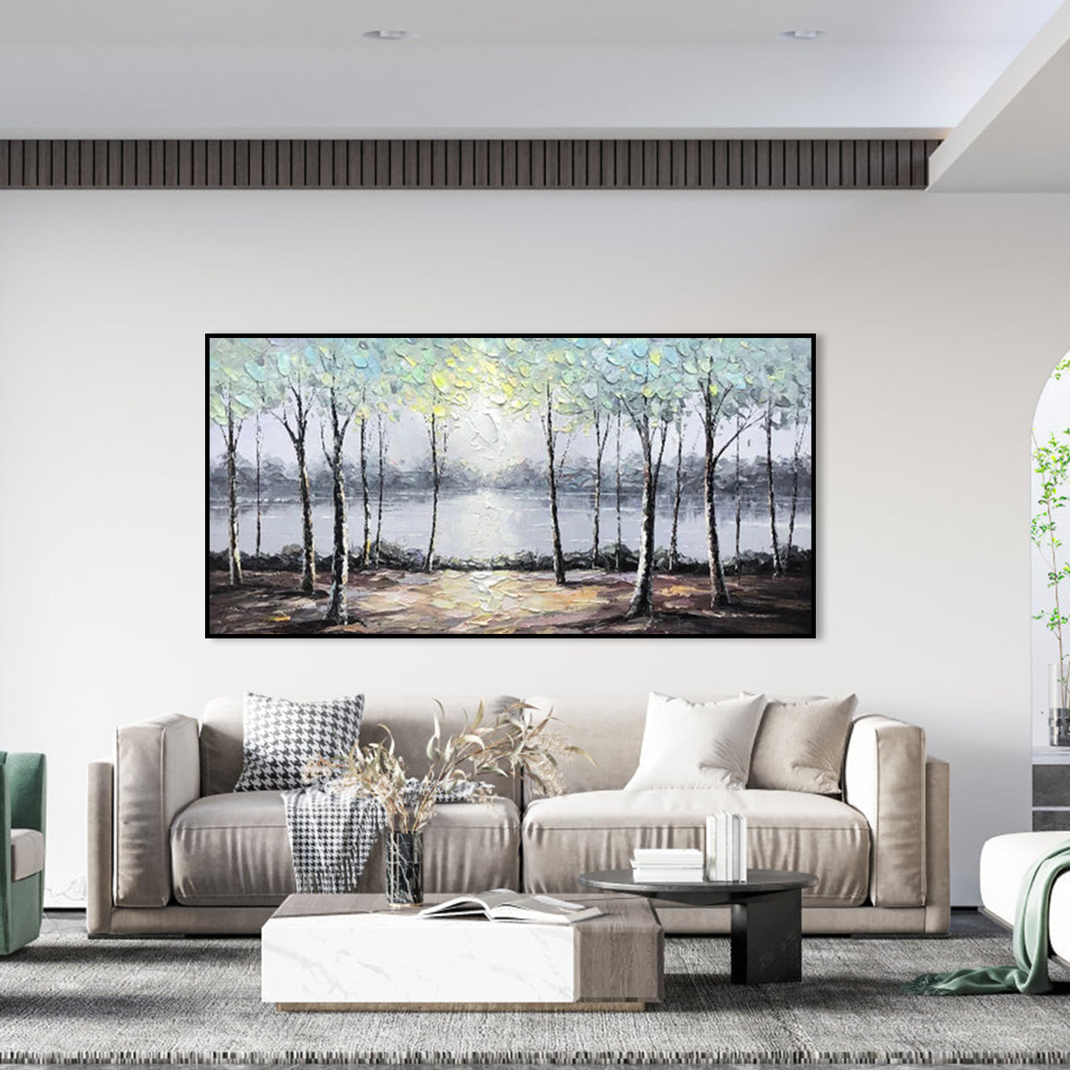Serene Landscape with Birch Trees and Reflections - Nature Oil Painting Art