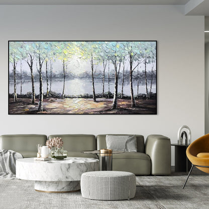 Serene Landscape with Birch Trees and Reflections - Nature Oil Painting Art