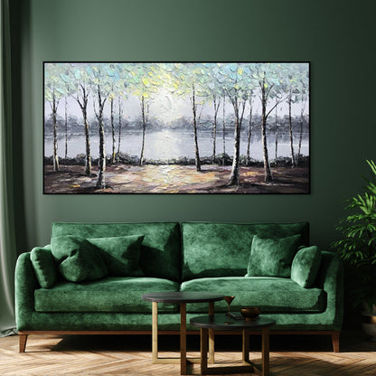 Serene Landscape with Birch Trees and Reflections - Nature Oil Painting Art