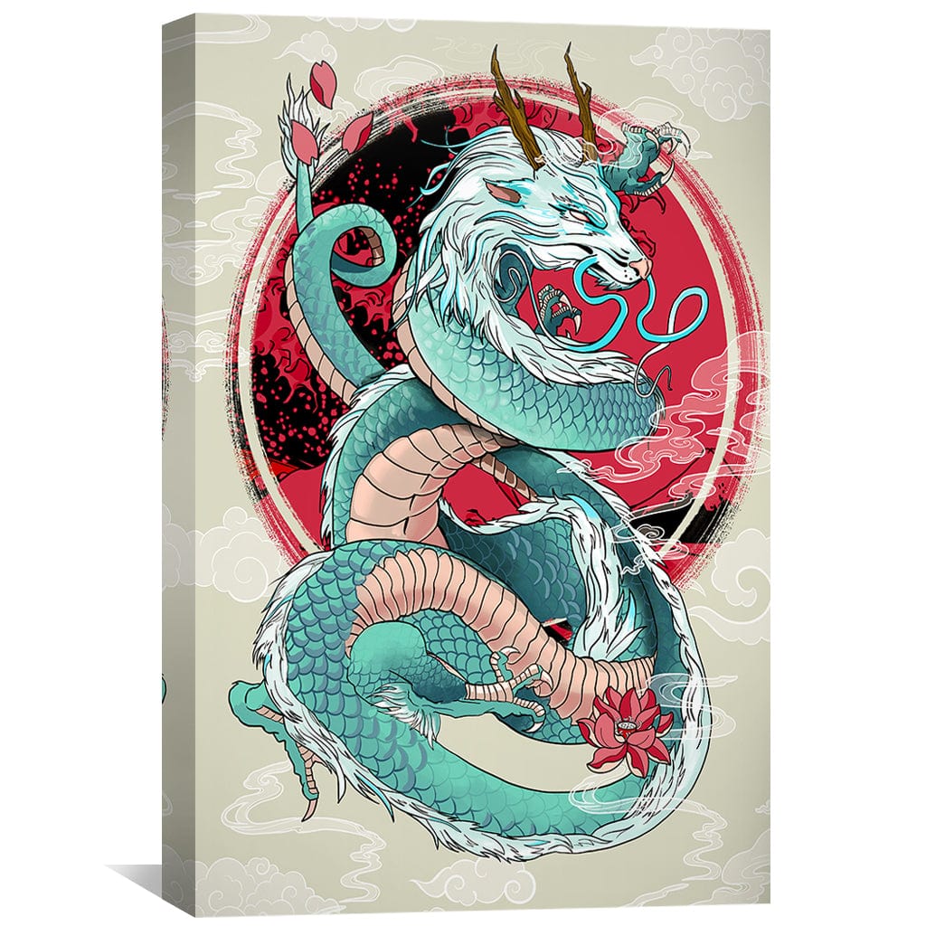 Majestic Blue Smoke Dragon Canvas Art with Floral Design and Red Circle Background