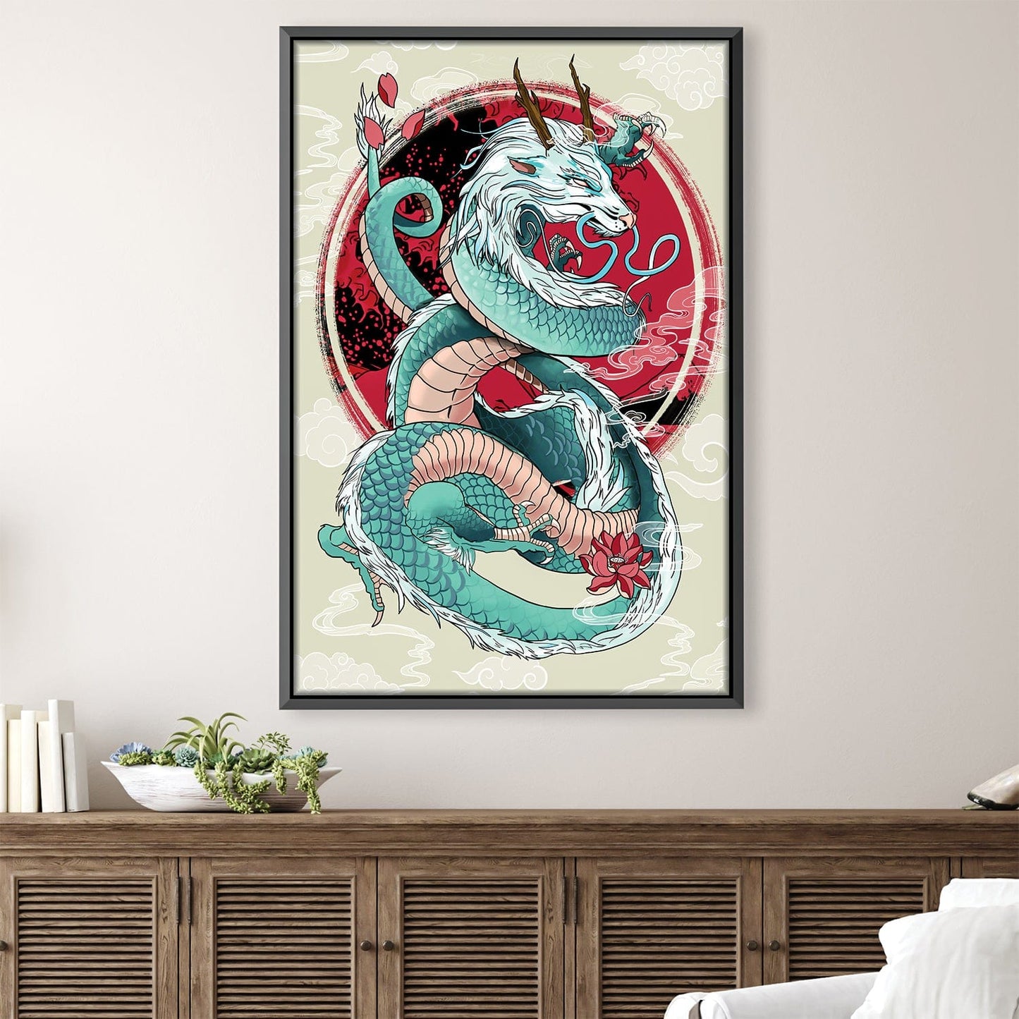 Majestic Blue Smoke Dragon Canvas Art with Floral Design and Red Circle Background