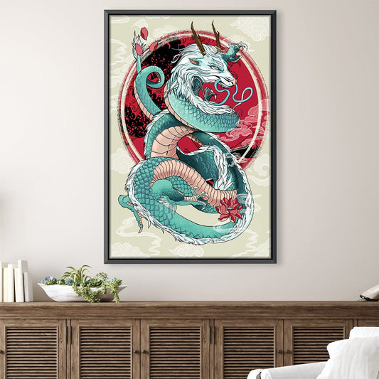 Majestic Blue Smoke Dragon Canvas Art with Floral Design and Red Circle Background