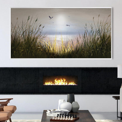 Serene Beach Sunrise with Gentle Waves and Soaring Birds - Oil Painting