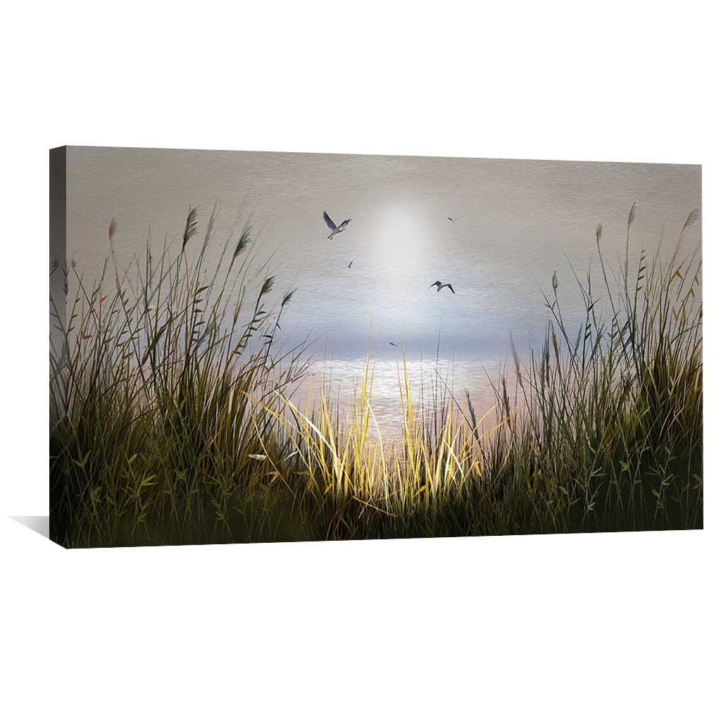Serene Beach Sunrise with Gentle Waves and Soaring Birds - Oil Painting