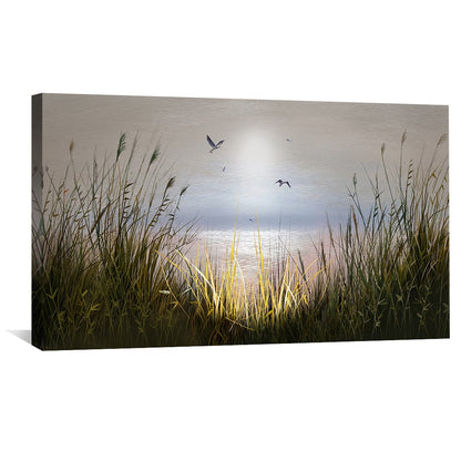 Serene Beach Sunrise with Gentle Waves and Soaring Birds - Oil Painting