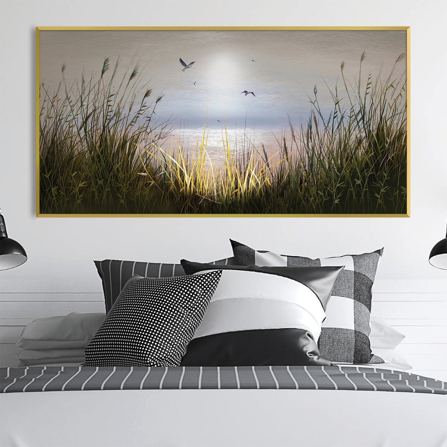 Serene Beach Sunrise with Gentle Waves and Soaring Birds - Oil Painting