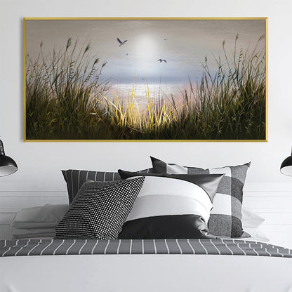 Serene Beach Sunrise with Gentle Waves and Soaring Birds - Oil Painting