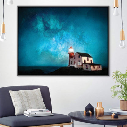 Starry Night Lighthouse Oil Painting – Coastal Art for Home Decor