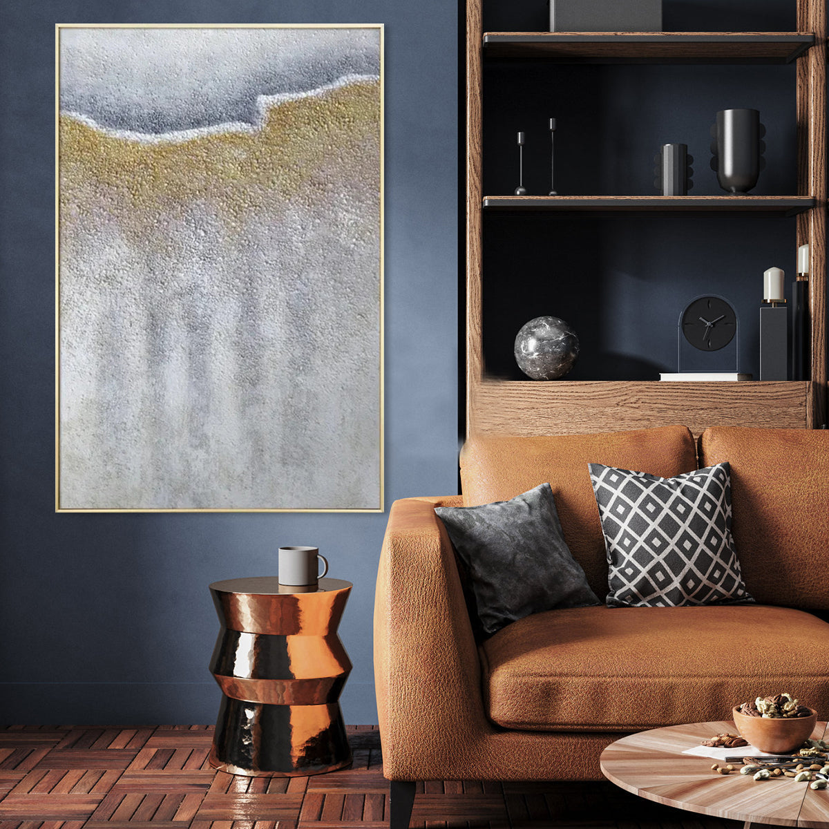 Abstract Oil Painting of Serene Landscapes in Gold and Silver Tones