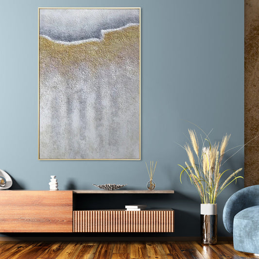 Abstract Oil Painting of Serene Landscapes in Gold and Silver Tones