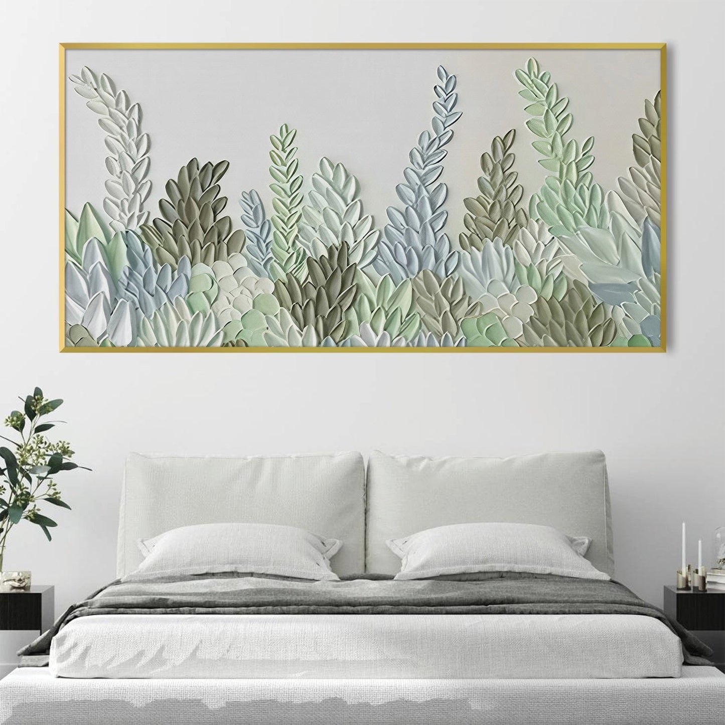 Serene Green Succulent Landscape Oil Painting for Modern Home Decor