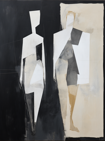 Abstract Minimalist Oil Painting of Elegant Human Forms in Black and White