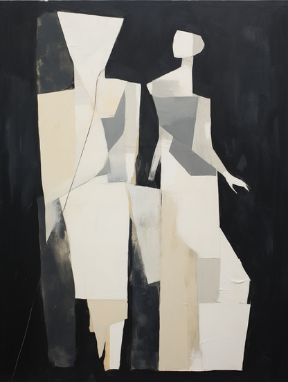 Abstract Minimalist Oil Painting of Stylized Figures in Black and White