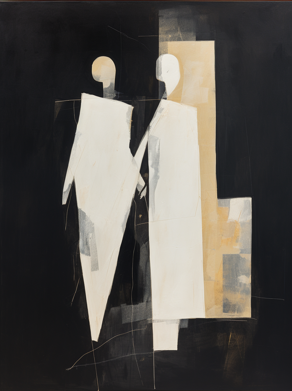 Abstract Minimalist Oil Painting of Figures in Elegant Black and White