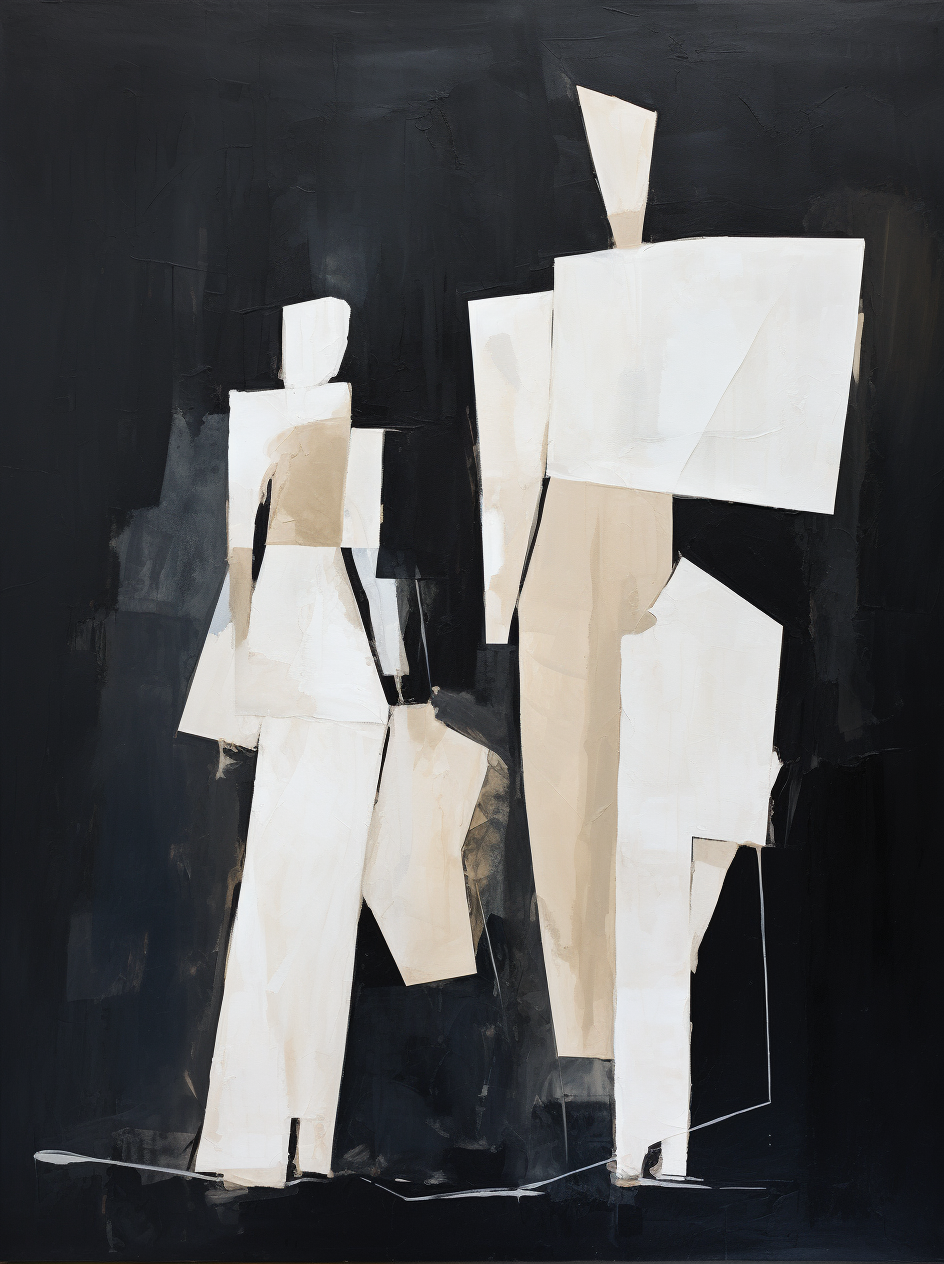 Abstract Minimalist Oil Painting of Figures in Neutral Tones and Dark Background