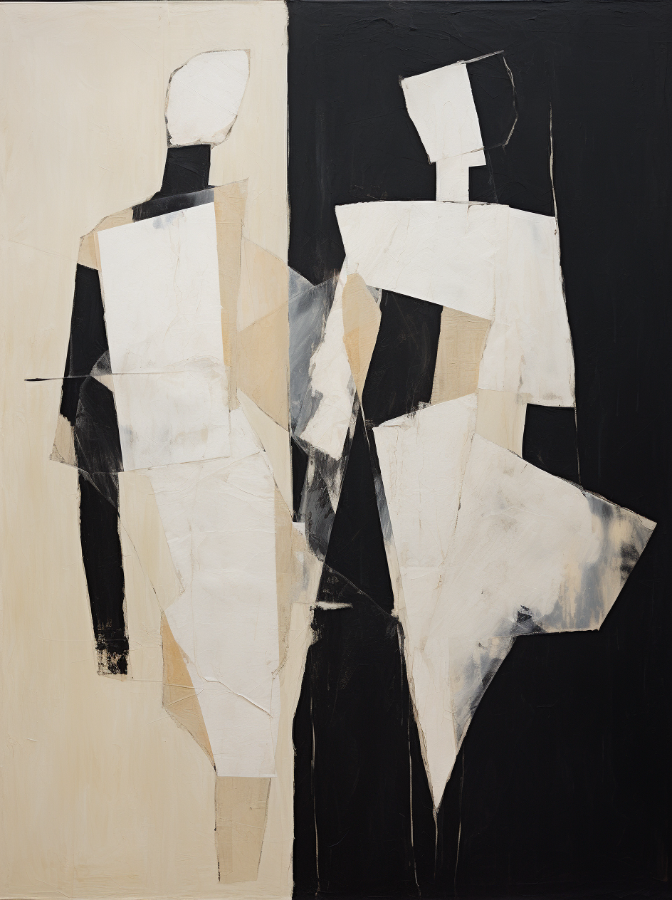 Abstract Minimalist Oil Painting with Elegant Figures in Bold Black and White