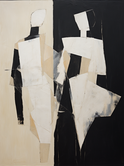 Abstract Minimalist Oil Painting with Elegant Figures in Bold Black and White