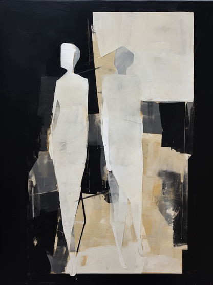 Modern Abstract Oil Painting of Figures in Minimalist Black and White Composition