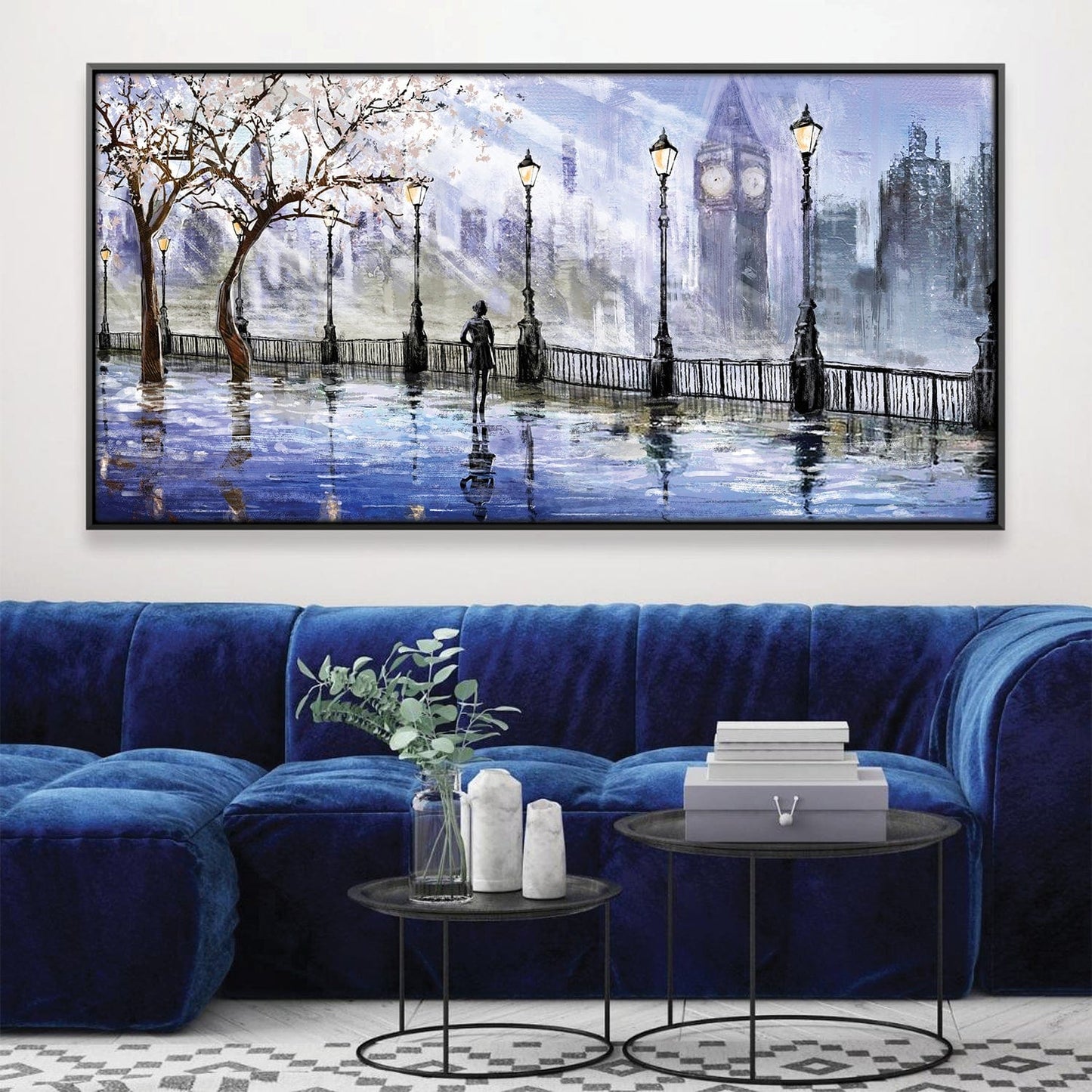 Tranquil London Rainy Evening Oil Painting for Modern Home Decor