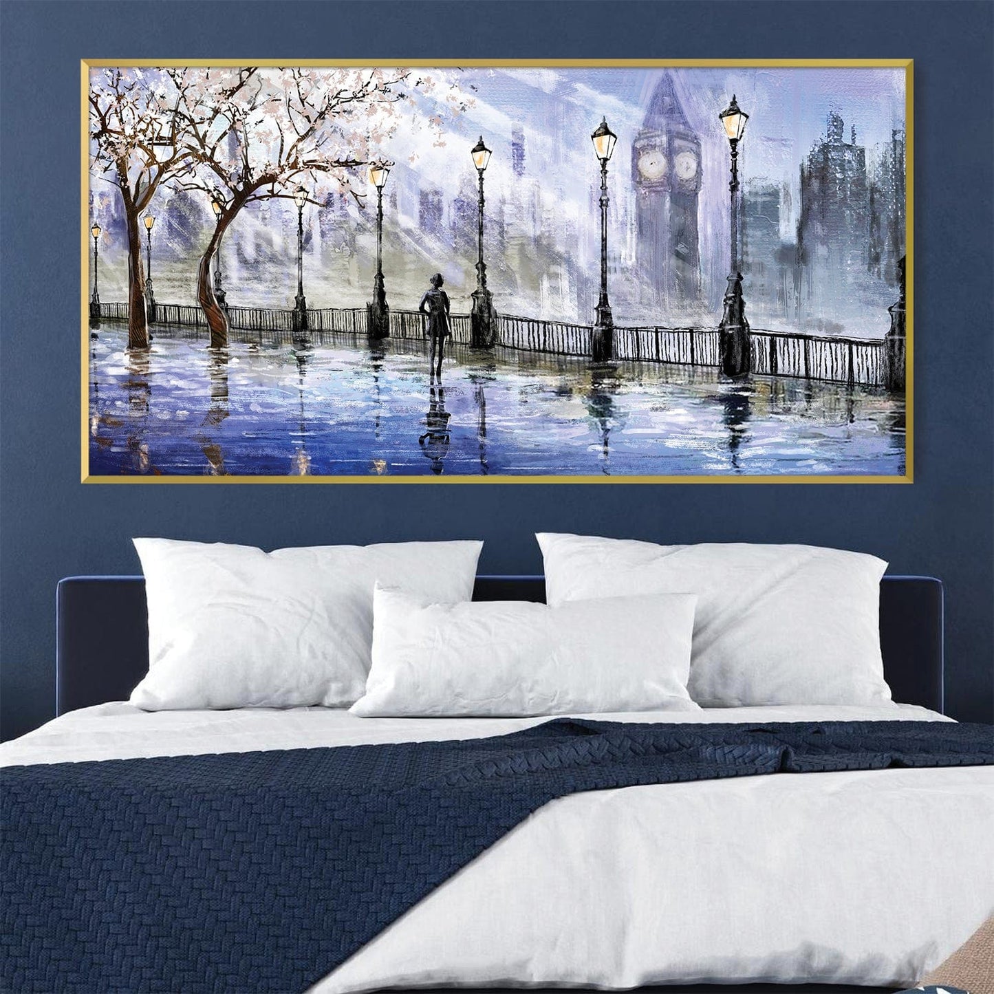 Tranquil London Rainy Evening Oil Painting for Modern Home Decor