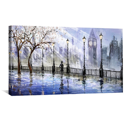 Tranquil London Rainy Evening Oil Painting for Modern Home Decor