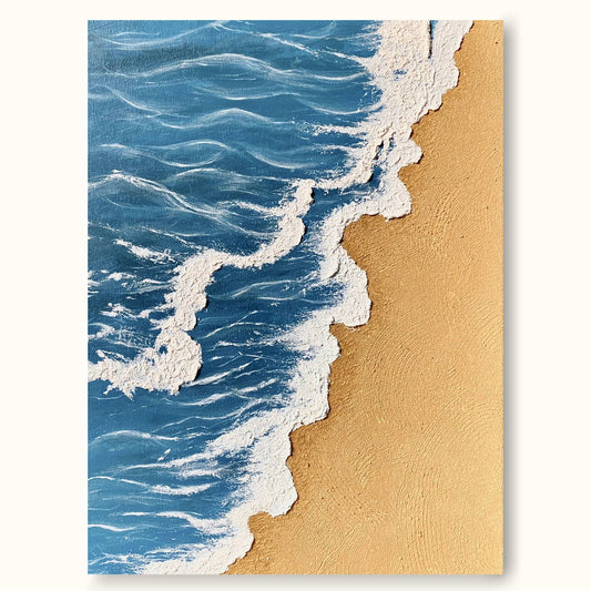 Serene Minimalist Oil Painting of Beach Waves and Golden Sand