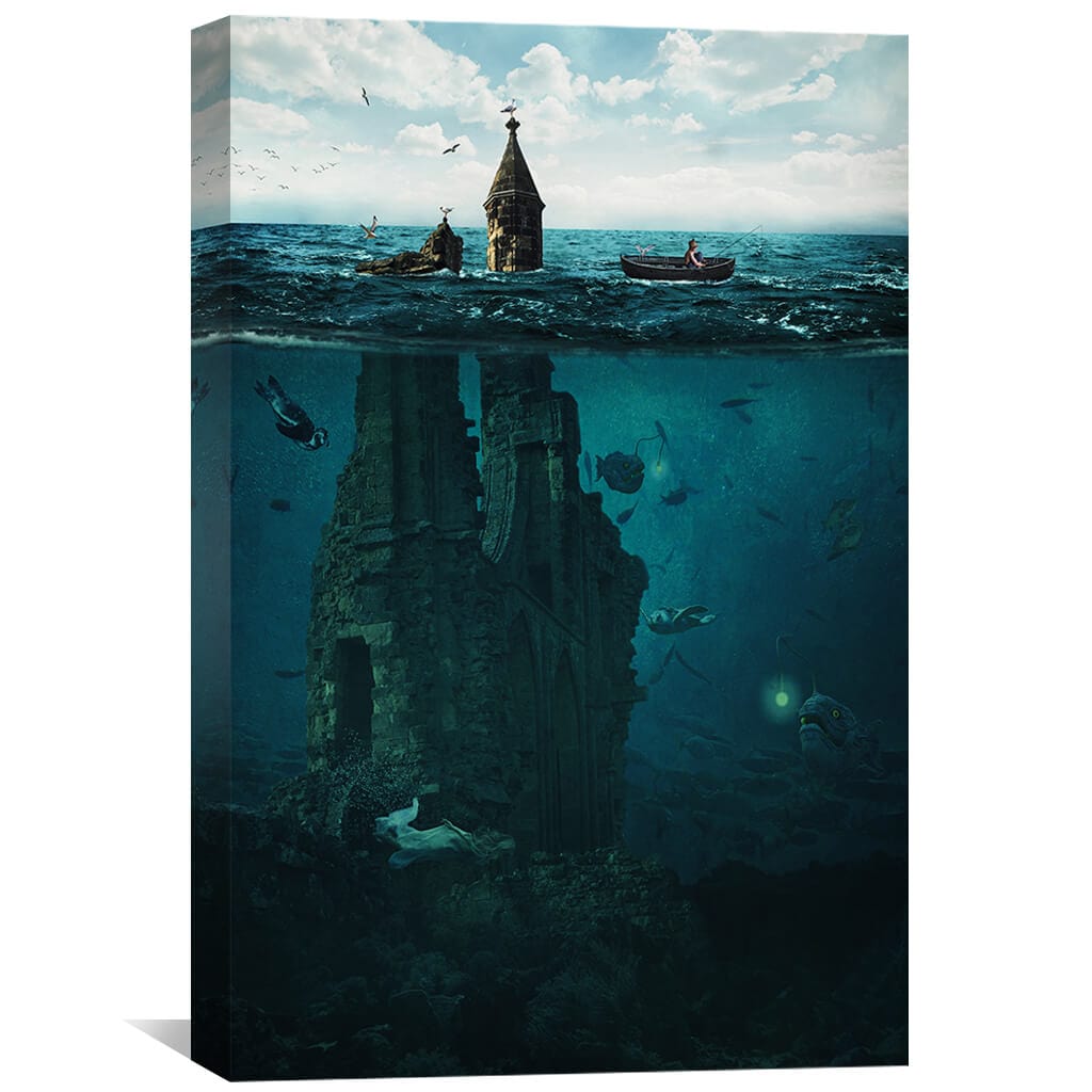 Underwater Ruins: Mystical Lost City Oil Painting for Unique Home Decor