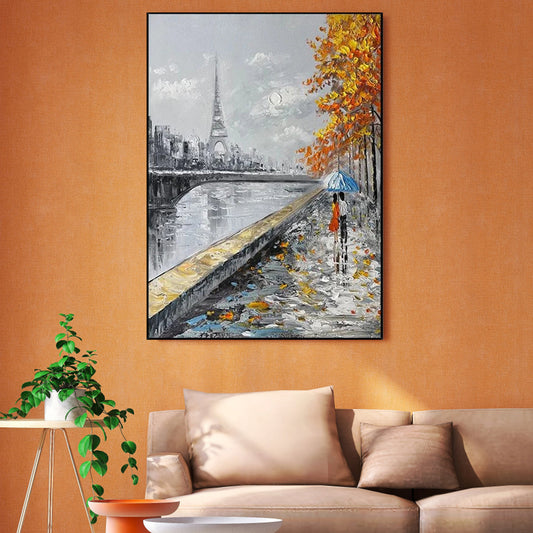 Romantic Parisian Evening with Umbrella - Elegant Oil Painting for Home Decor