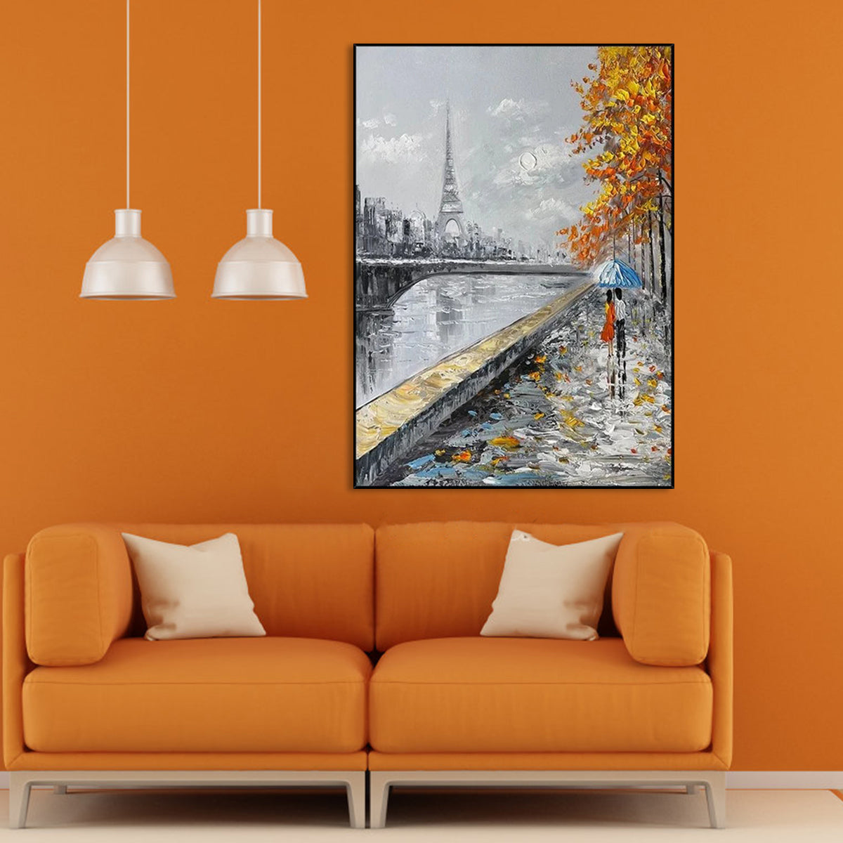 Romantic Parisian Evening with Umbrella - Elegant Oil Painting for Home Decor