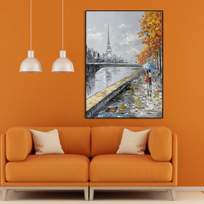 Romantic Parisian Evening with Umbrella - Elegant Oil Painting for Home Decor