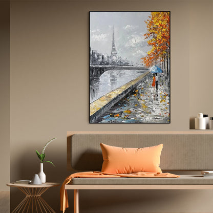 Romantic Parisian Evening with Umbrella - Elegant Oil Painting for Home Decor