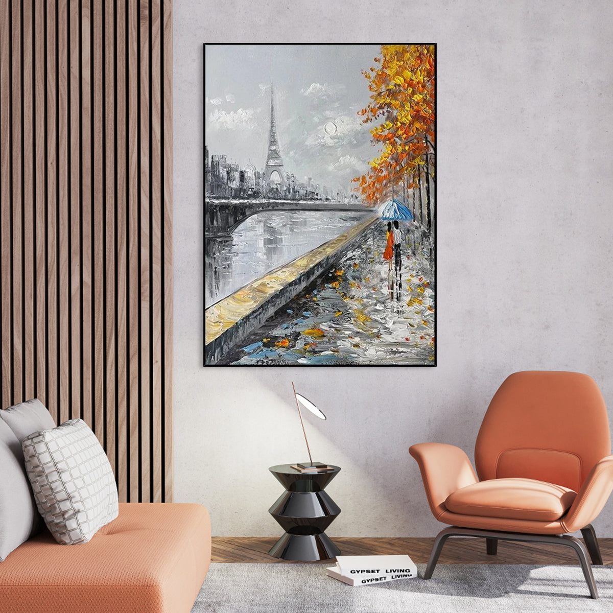 Romantic Parisian Evening with Umbrella - Elegant Oil Painting for Home Decor