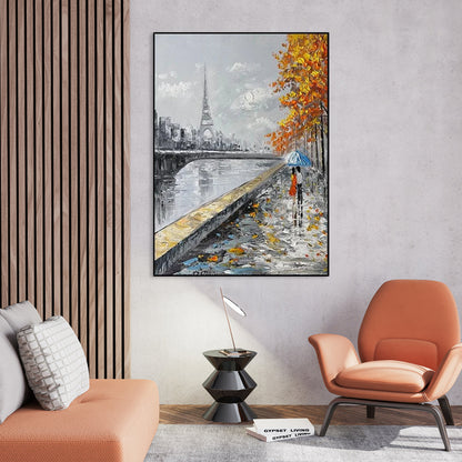 Romantic Parisian Evening with Umbrella - Elegant Oil Painting for Home Decor