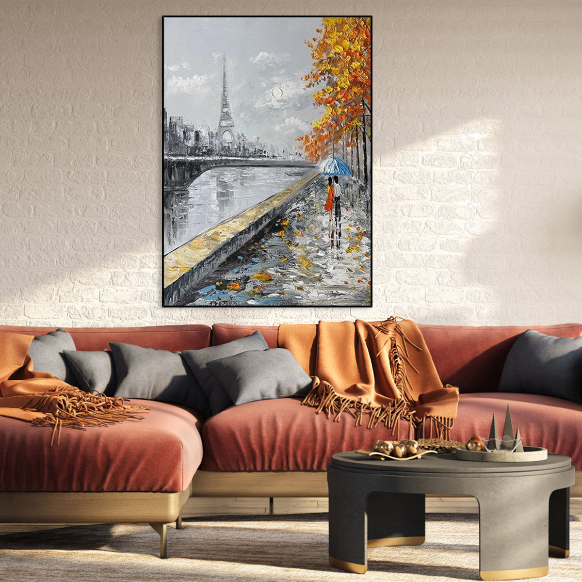 Romantic Parisian Evening with Umbrella - Elegant Oil Painting for Home Decor