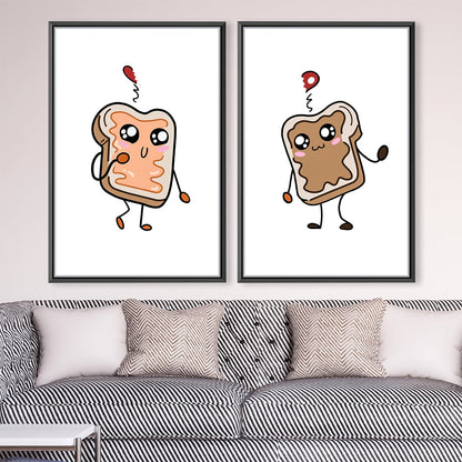 Kawaii Sandwich Couple - Fun and Whimsical Oil Painting for Kitchen Decor